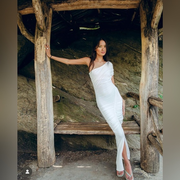 Sad maxi dress ruched stretch white wedding Elegant White One-Shoulder evening - Picture 8 of 15